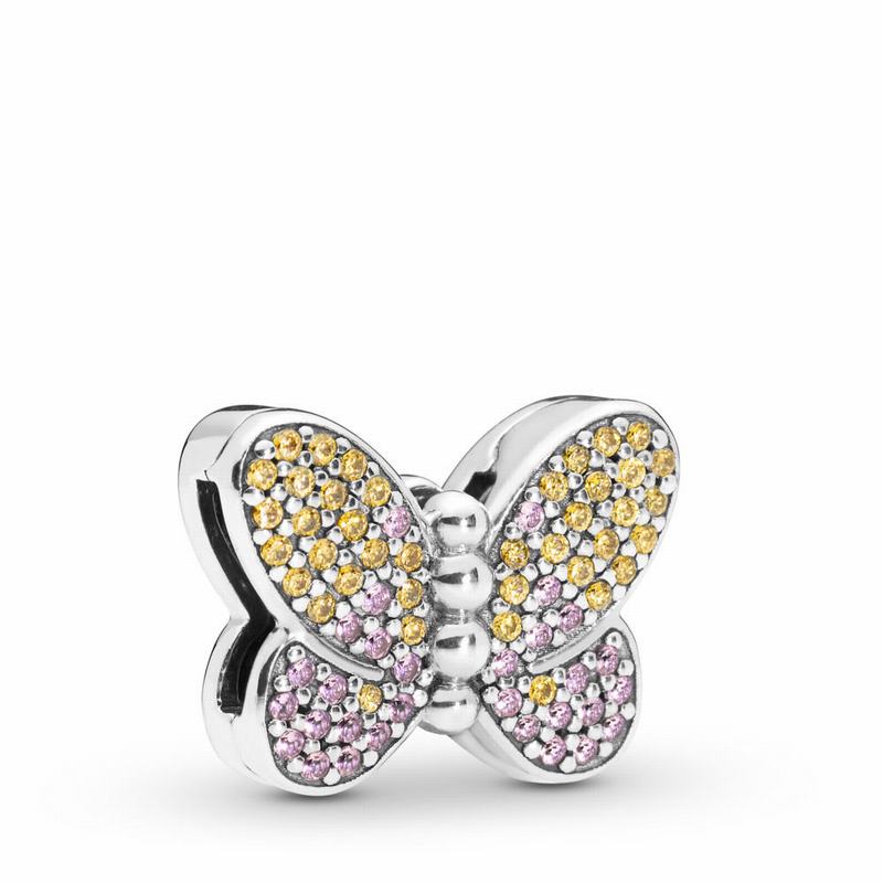 Pandora Reflexions™ Bedazzling Butterfly Clip Charm Ireland - Sterling Silver/Silicone/Pink/Mixed St